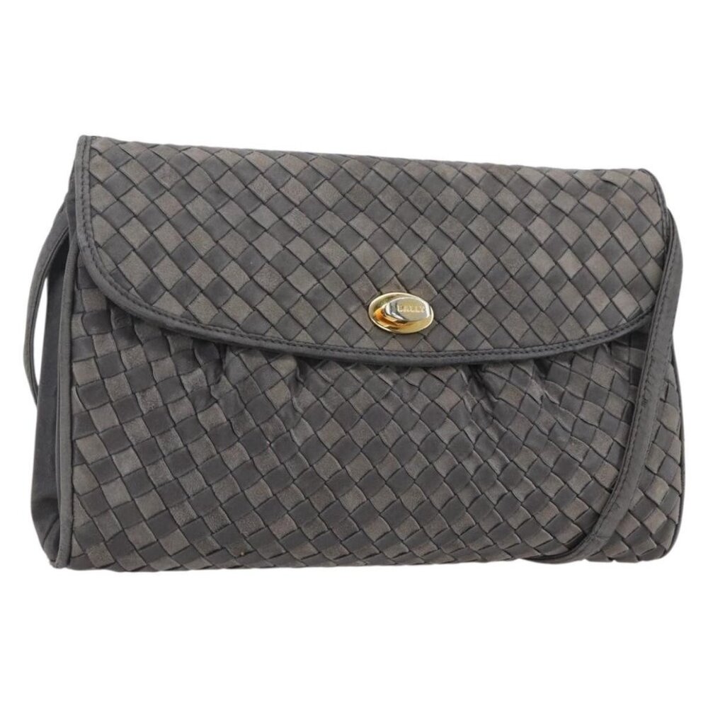 Authentic BALLY Shoulder Bag Leather Gray Gold